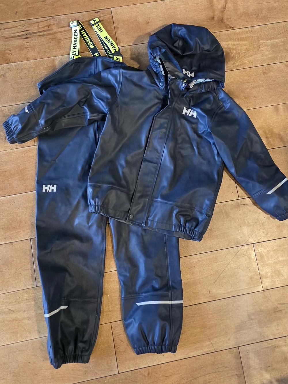 Helly Hansen Kids Navy Rain Jacket and Overalls Set with Yellow Suspenders